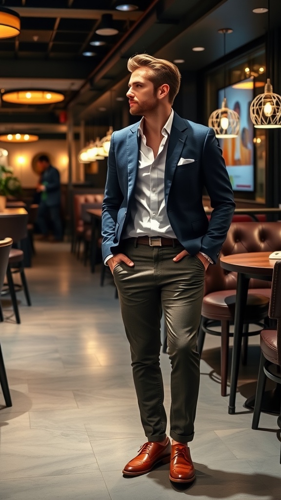 A stylish man in a navy blazer and olive green trousers stands in a modern urban setting, showcasing smart casual fashion.