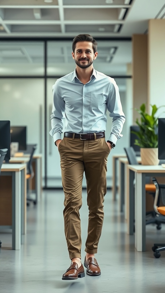 A man in a light blue shirt and brown chinos walking in an office setting.