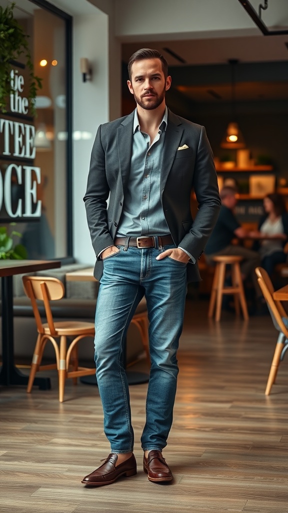 Man wearing acid wash jeans with a blazer and loafers in a café setting.