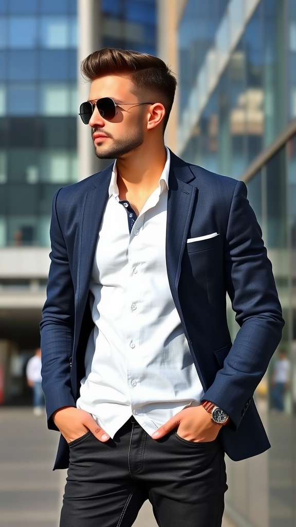 A man wearing a navy blazer and black jeans, standing confidently in an urban setting.