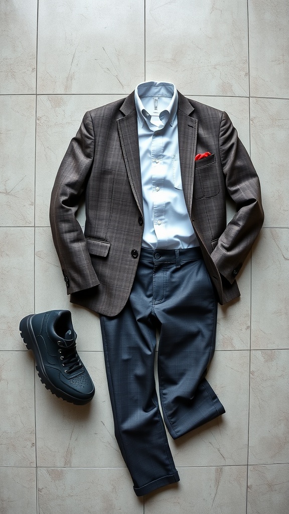Smart casual outfit with a brown plaid blazer, light blue shirt, chinos, and black sneakers.