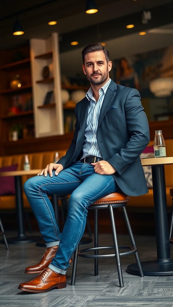 A man in blue jeans, a tailored blazer, and brown shoes sitting on a stool at a stylish venue.