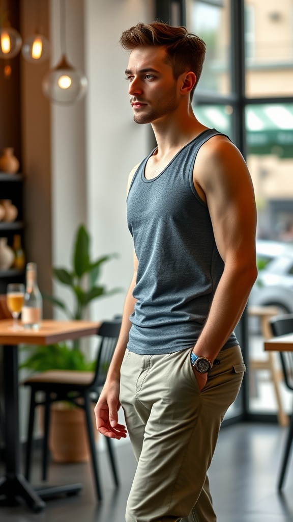 A man in a tank top and chinos, standing in a stylish café.