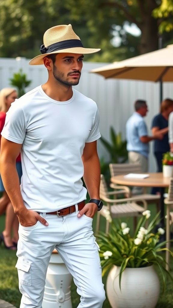 A man wearing a Panama hat with a white basic tee and white jeans.