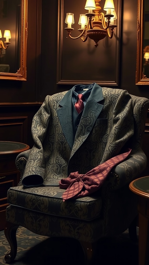 A sophisticated smoking jacket draped over an armchair with a wine-colored tie.