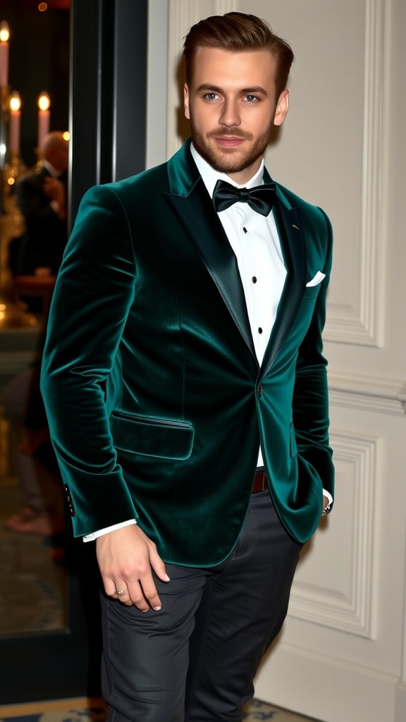 A person wearing a dark green velvet blazer and black jeans from the back, showcasing a sophisticated outfit.