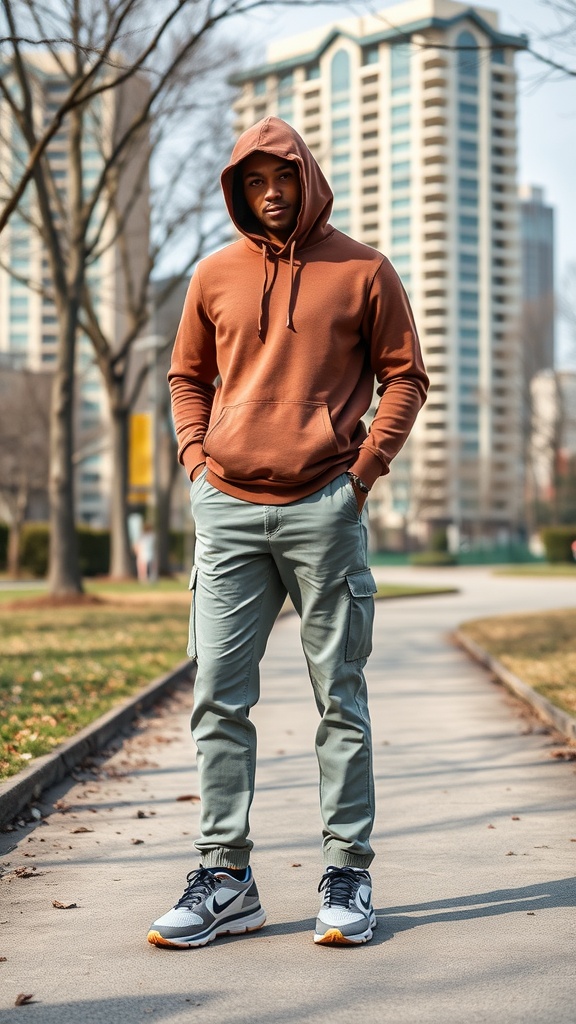 A man dressed in a brown hoodie and green chinos, standing confidently in a park.