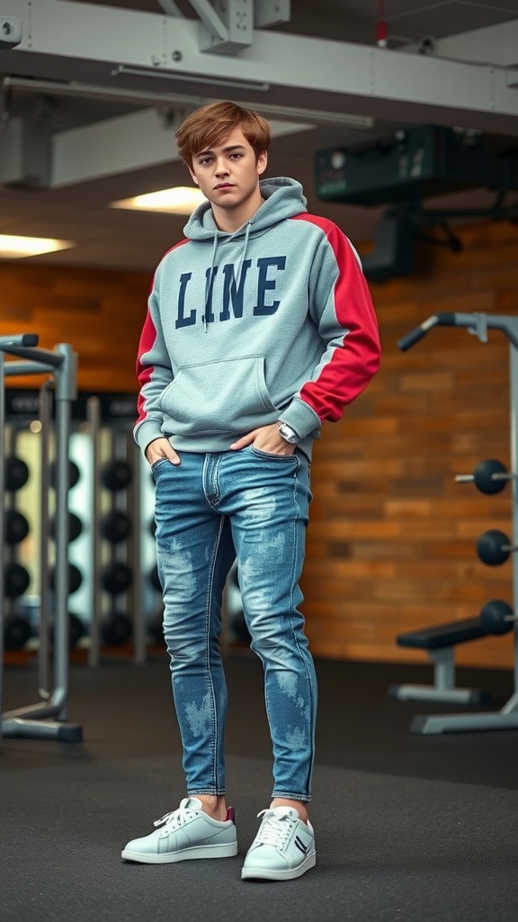 A young man wearing acid wash jeans, a sporty hoodie, and white sneakers in a gym setting.