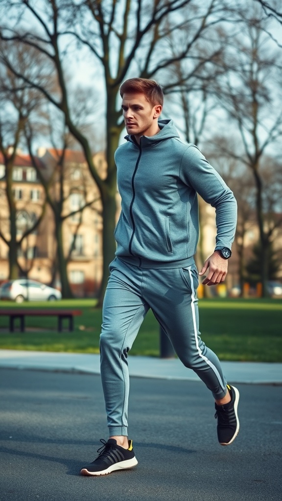 A man jogging in a grey tracksuit with a hood in a park setting.