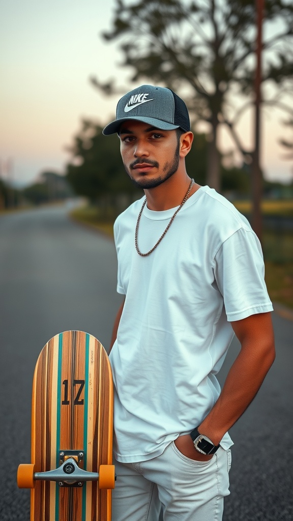 A young man wearing a sporty cap, white tee, and white jeans, holding a skateboard.