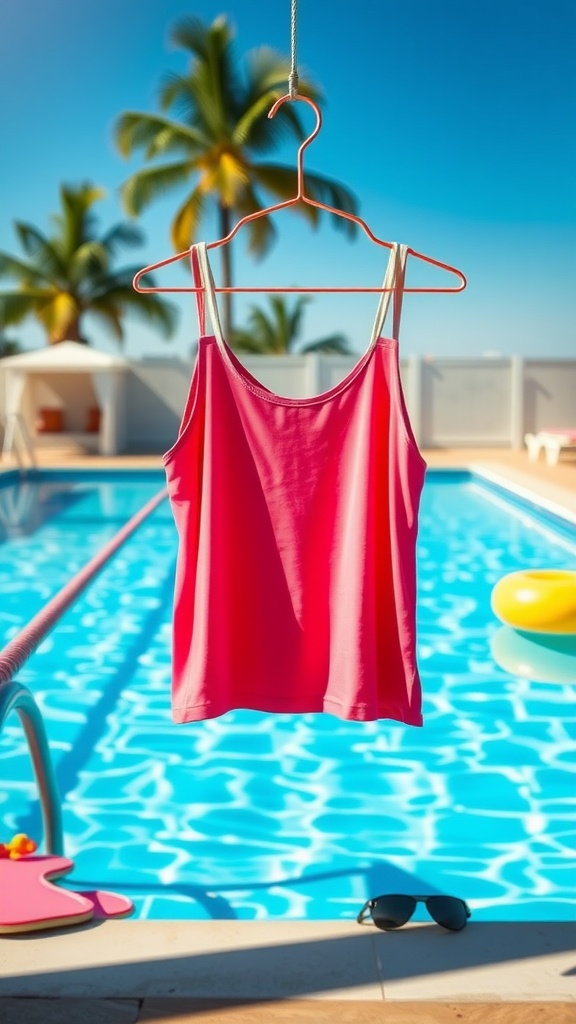A bright pink sporty tank top hanging by a swimming pool with palm trees in the background.