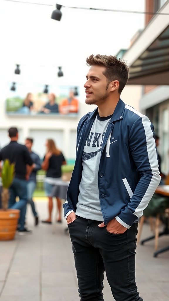 Man wearing a navy casual blazer over a t-shirt, paired with black jeans, showcasing a sporty vibe.