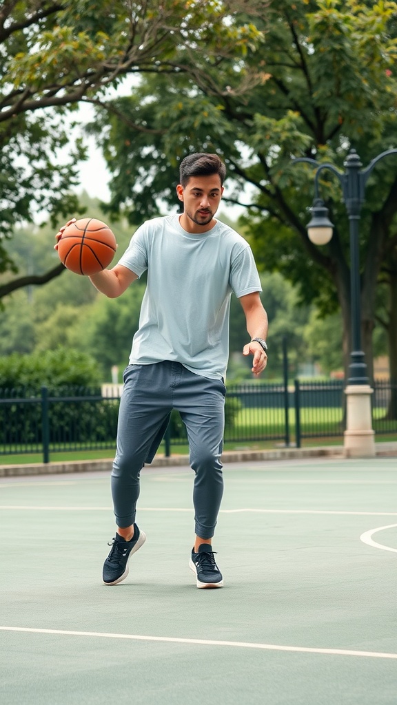 A man dribbling a basketball wearing a light blue tee and gray joggers on a court.