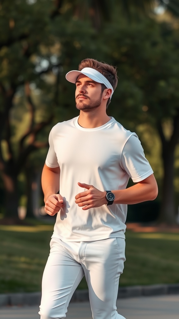 A man wearing a sporty visor while jogging outdoors.