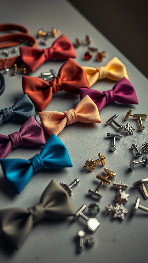 A collection of colorful bow ties and cufflinks displayed on a table.