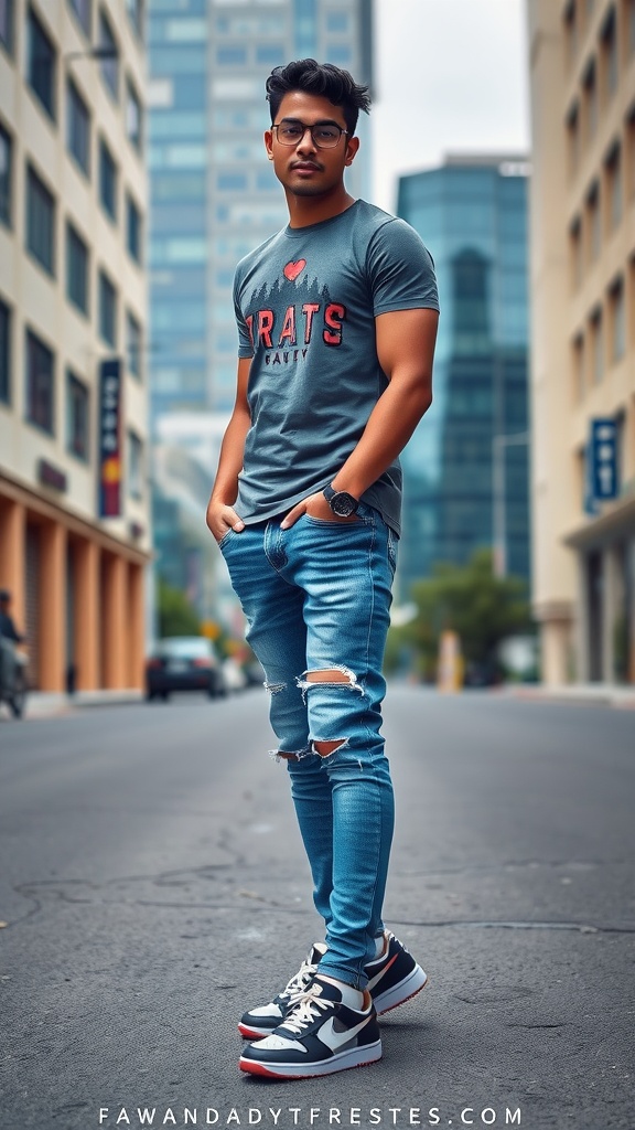 A man in distressed blue jeans and a graphic t-shirt stands confidently on a city street.