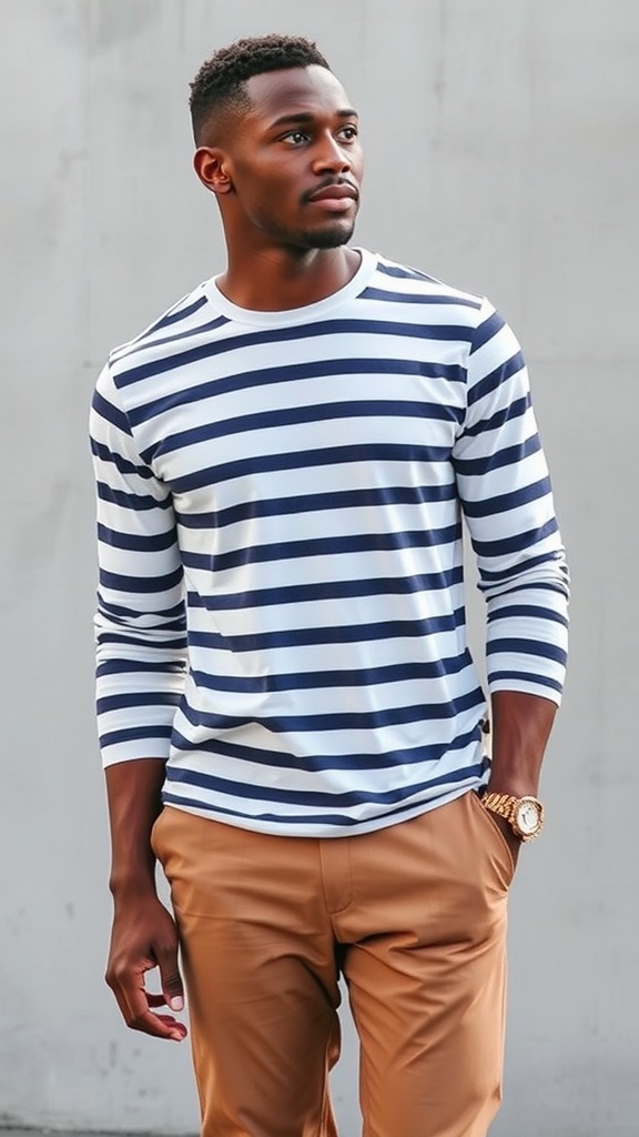 A model wearing a navy and white striped long-sleeve tee paired with brown khaki pants.
