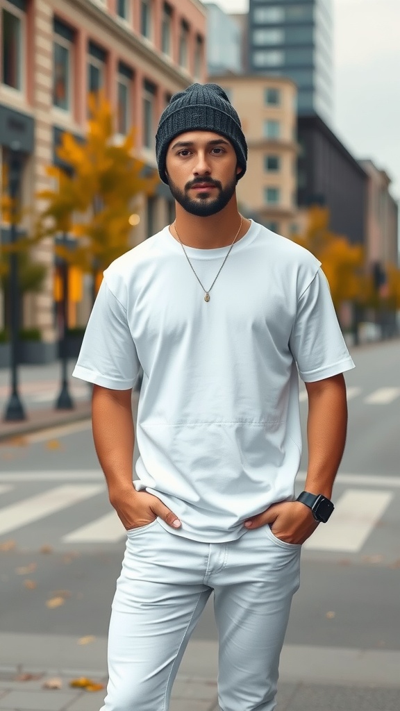Man wearing a stylish beanie with a white basic tee and white jeans.