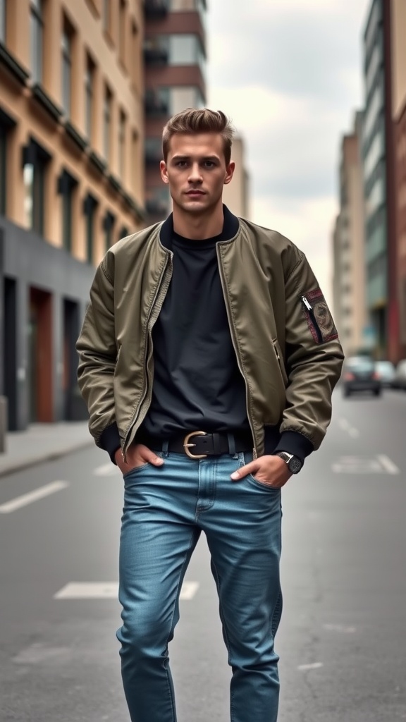 A man wearing a bomber jacket and jeans standing on a city street