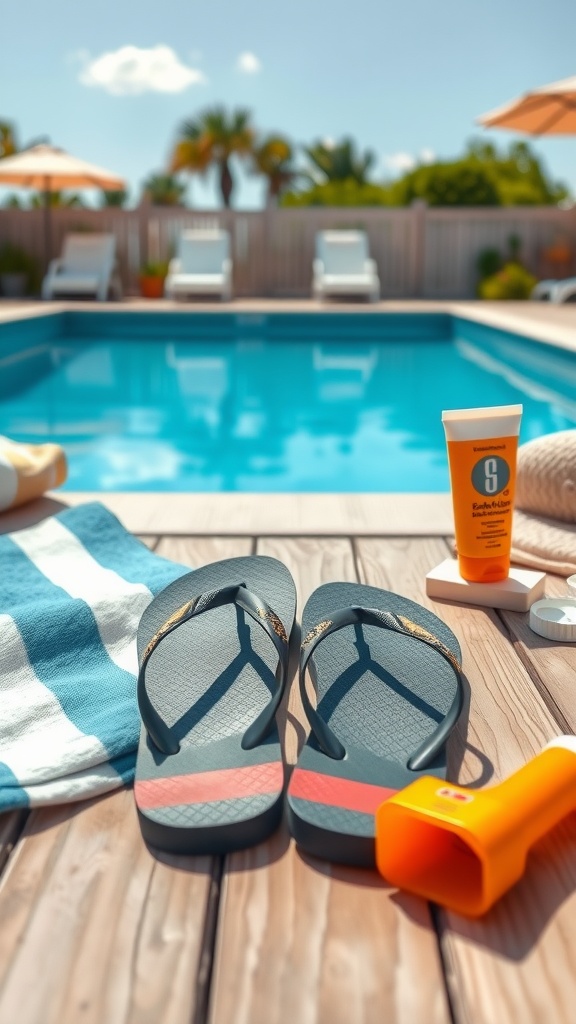 A pair of stylish flip flops by the poolside, accompanied by a towel and sunscreen.