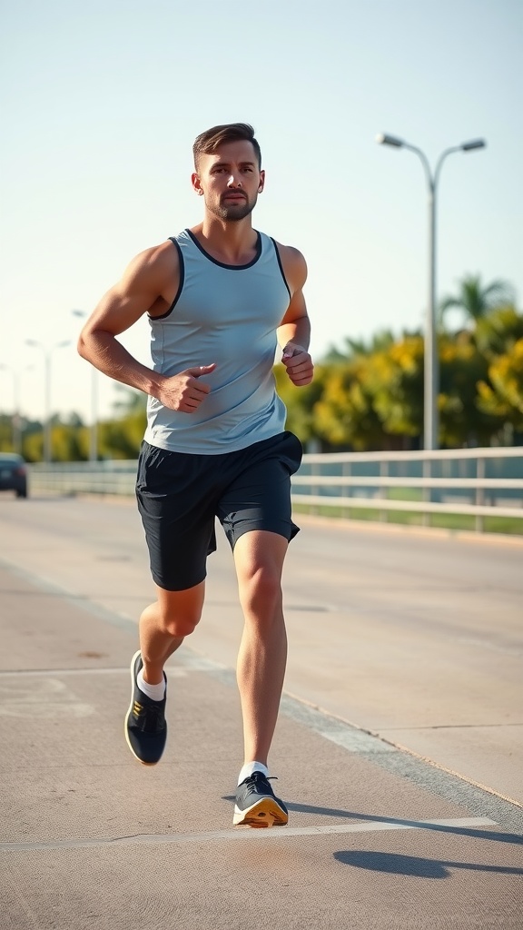 A man jogging in a light tank top and shorts, showcasing stylish sports attire.