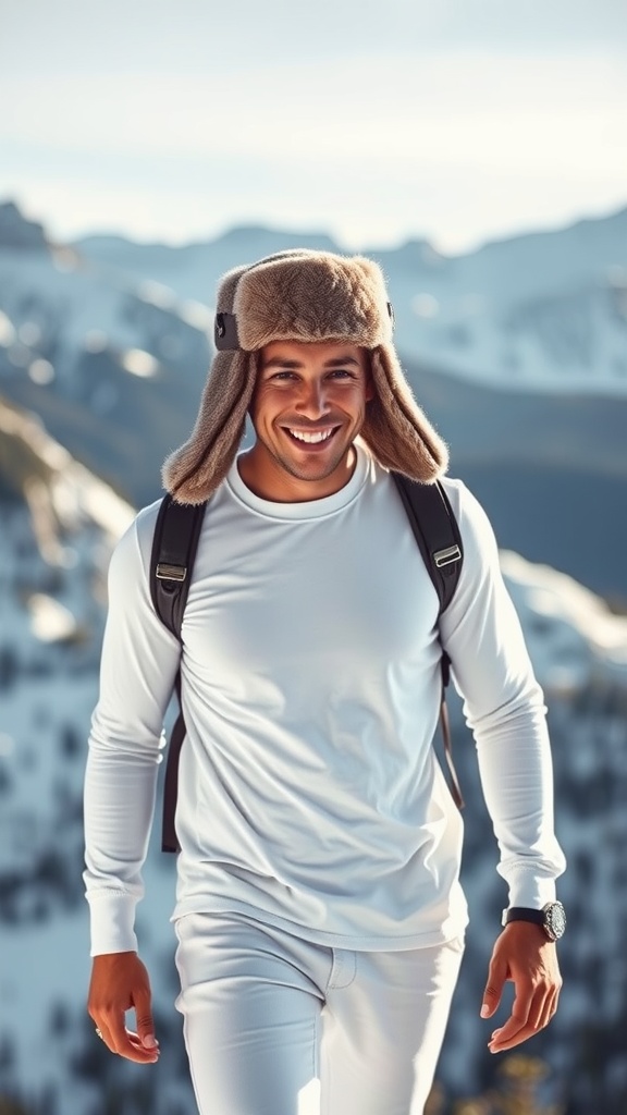 Man wearing a stylish trapper hat with a white basic tee and white jeans in a snowy landscape.
