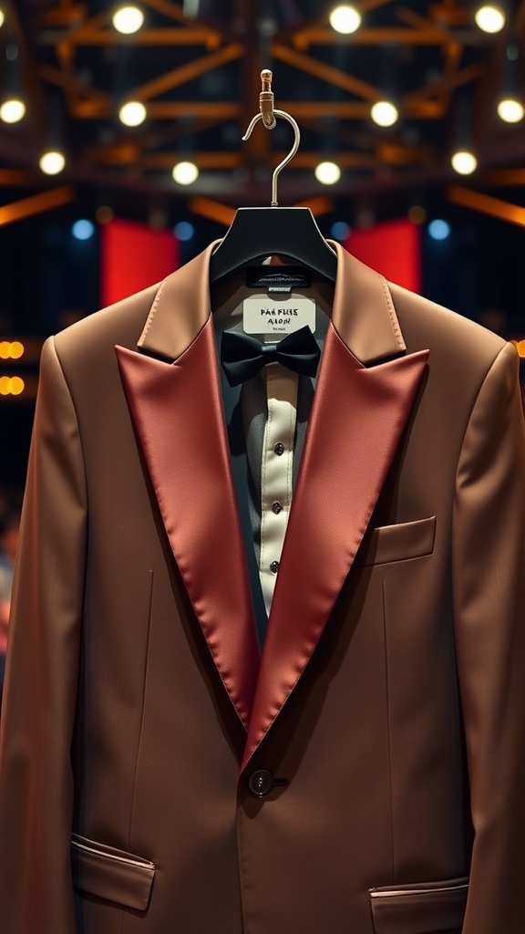 A stylish tuxedo with satin lapels showcased on a hanger