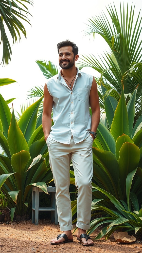 A man in a light short-sleeve shirt and chinos, standing in a tropical setting.
