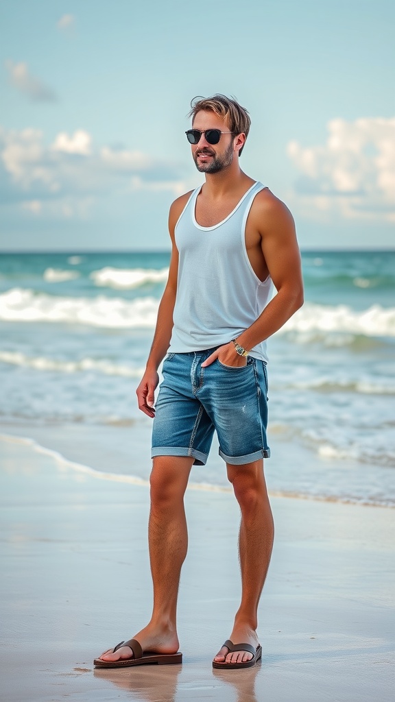 A person wearing acid wash denim shorts and a white tank top on a beach