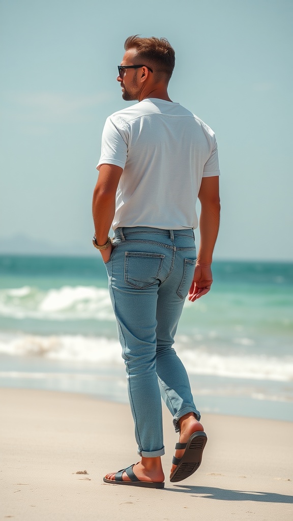 A man in light blue jeans and a white t-shirt walking on the beach