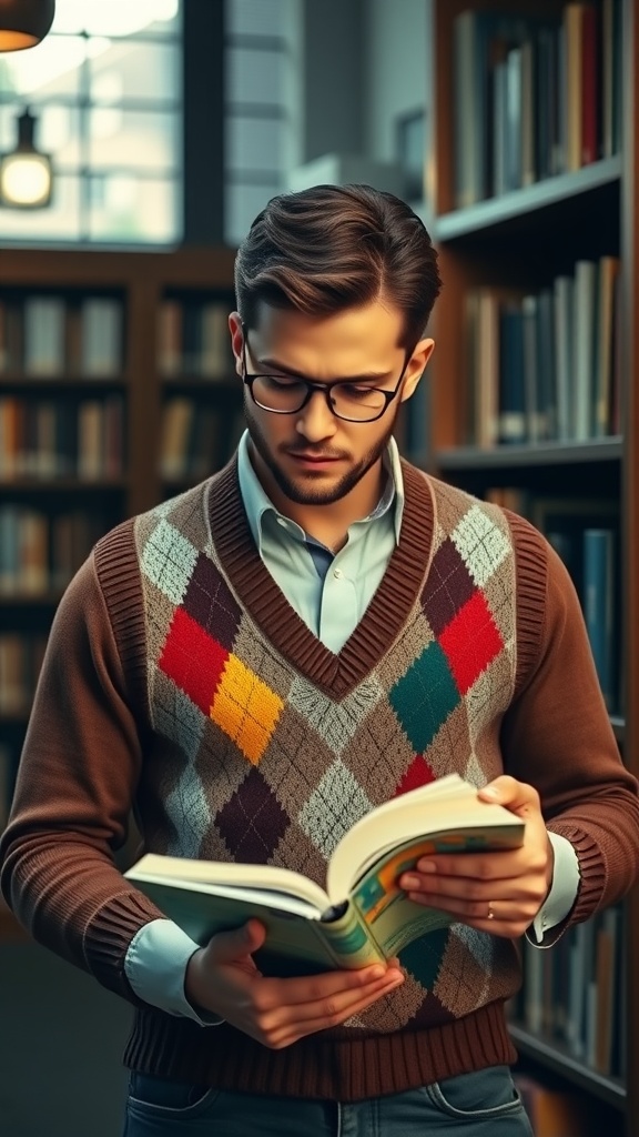 A man reading a book in a library, wearing a stylish sweater vest over a collared shirt.