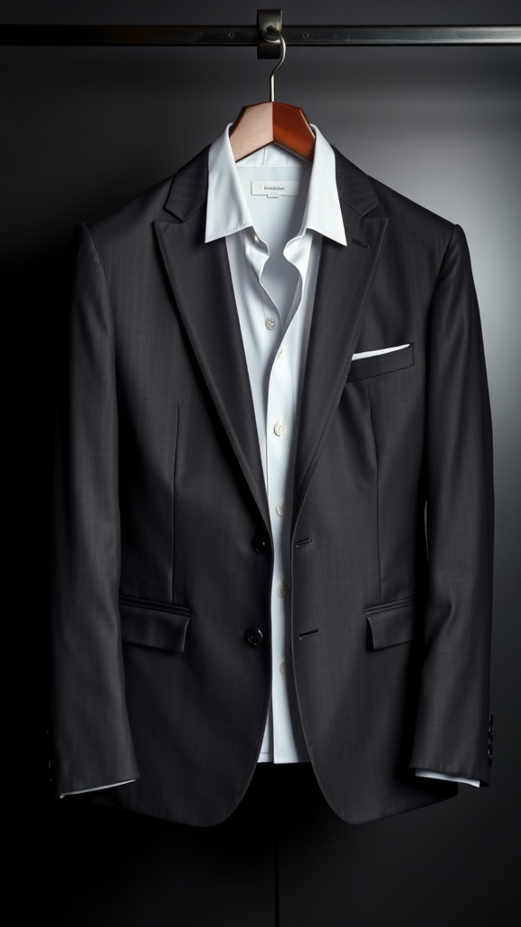 a stylish tailored charcoal suit with a crisp white shirt displayed on a hanger against a sleek background