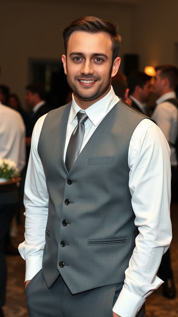A man in a tailored grey vest with a dress shirt, smiling at a social gathering.