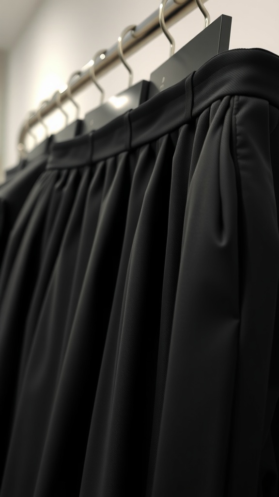 Close-up of tailored black pants hanging on a rack