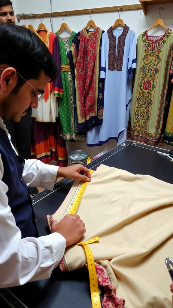 A tailor measuring fabric for men's ethnic wear