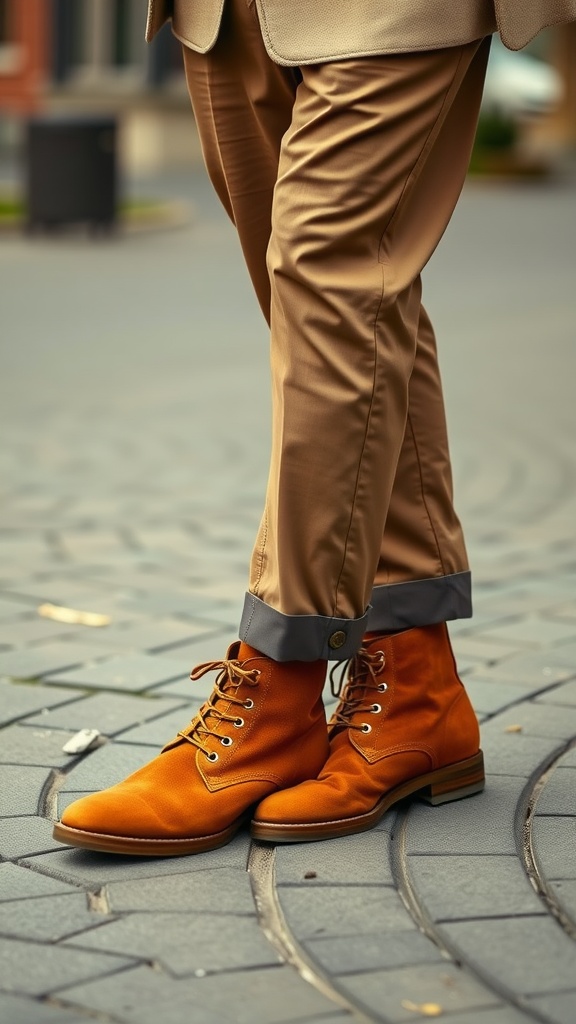 A close-up of tan suede chukka boots worn with rolled-up brown khakis.