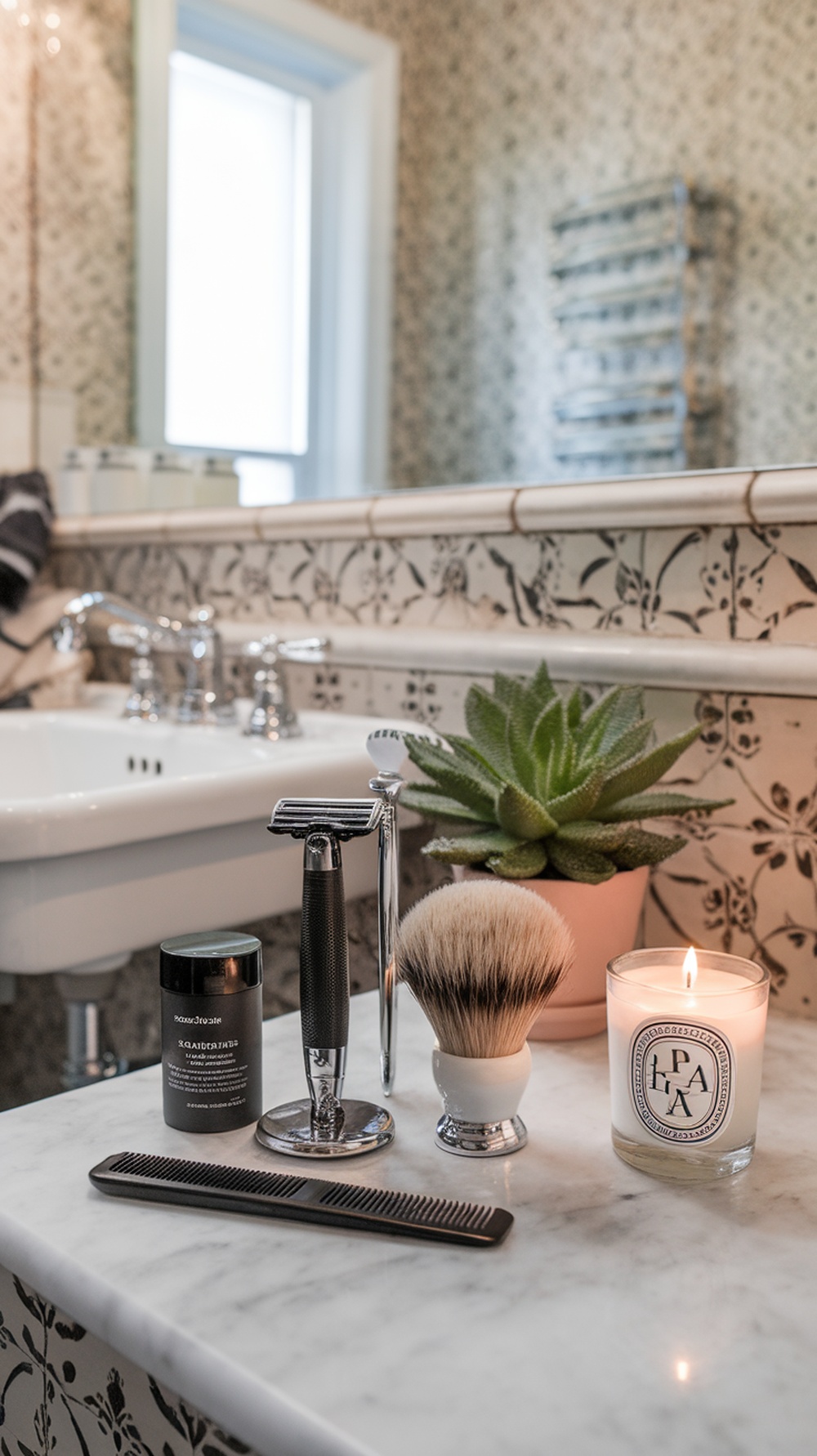 A stylish grooming station featuring a razor, shaving brush, comb, skincare product, and a candle on a marble countertop.