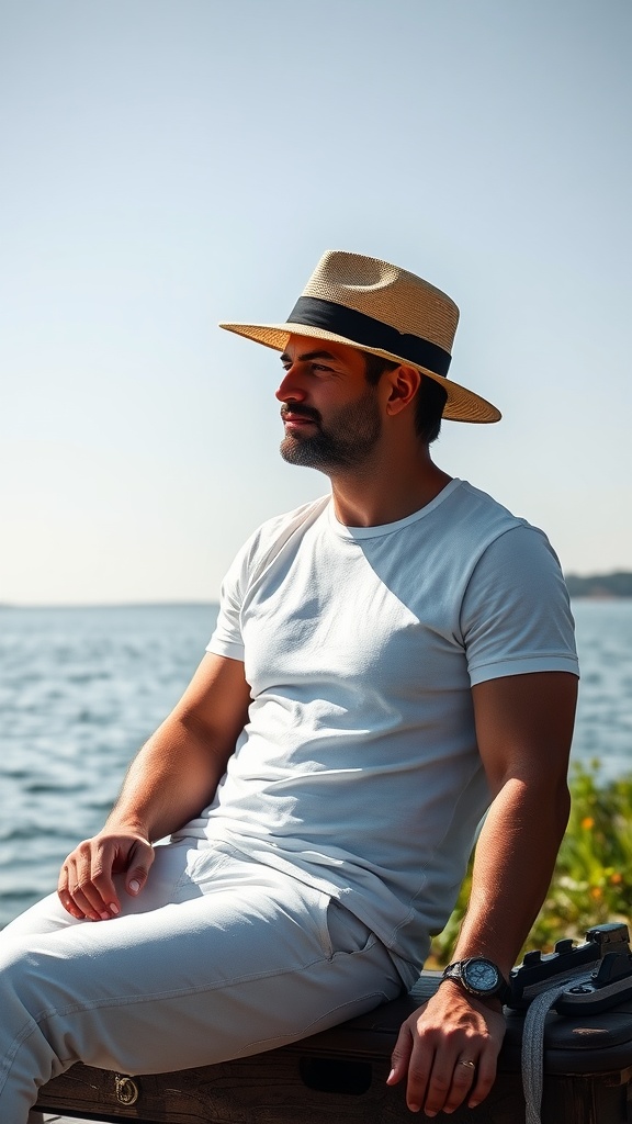 A man wearing a boater hat with a white basic tee and white jeans, sitting by the water.