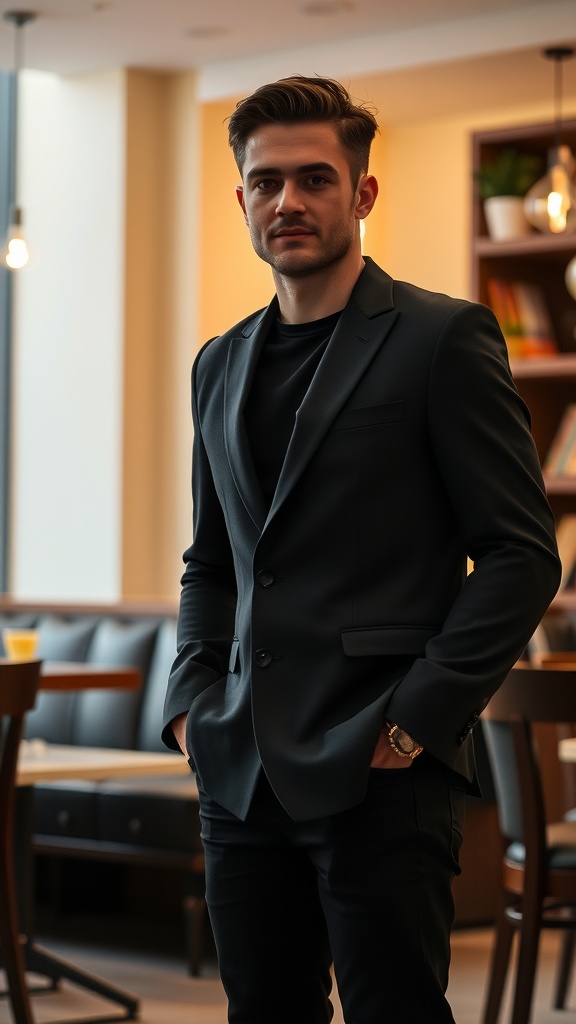 A man in a black blazer paired with black jeans, showcasing a stylish and sophisticated look.