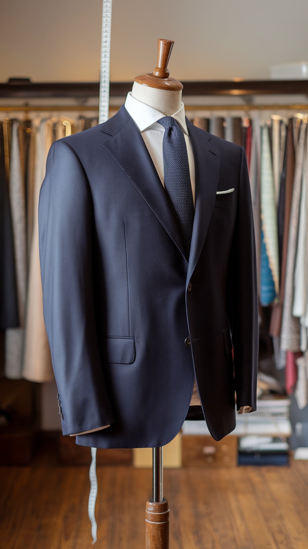 A navy suit on a tailor's mannequin, showcasing timeless tailoring techniques.