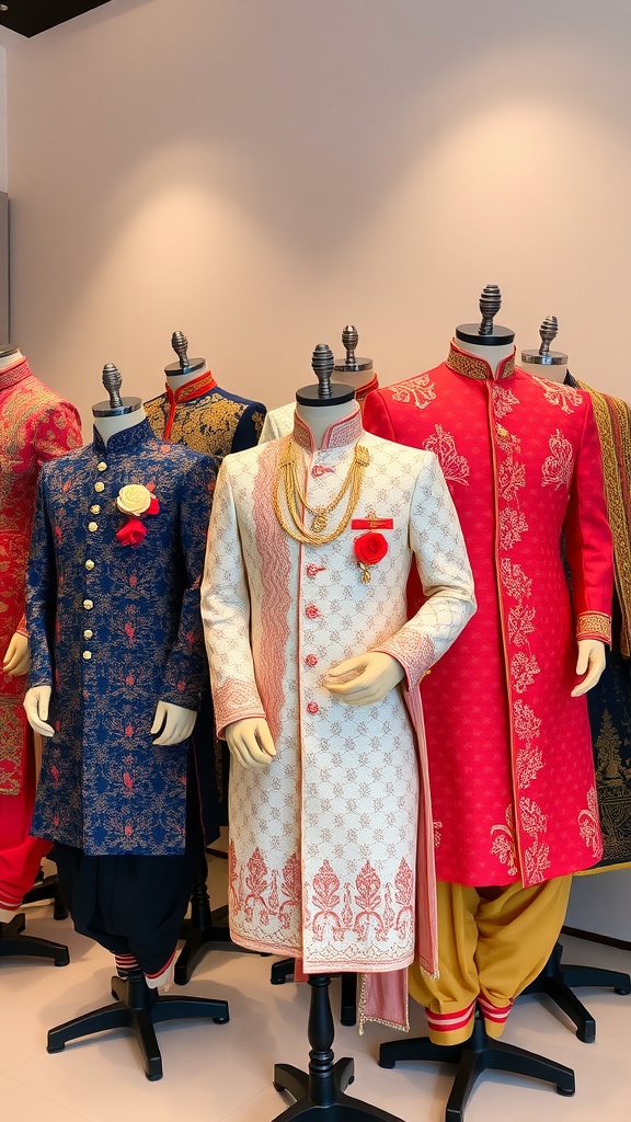 A collection of stylish traditional sherwanis displayed on mannequins, showcasing various colors and intricate designs.