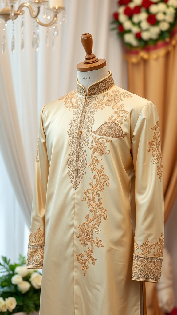 Traditional silk kurta with intricate embroidery displayed on a mannequin