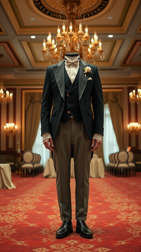 A man in a traditional tailcoat outfit standing in a formal setting with chandeliers and a rich carpet.