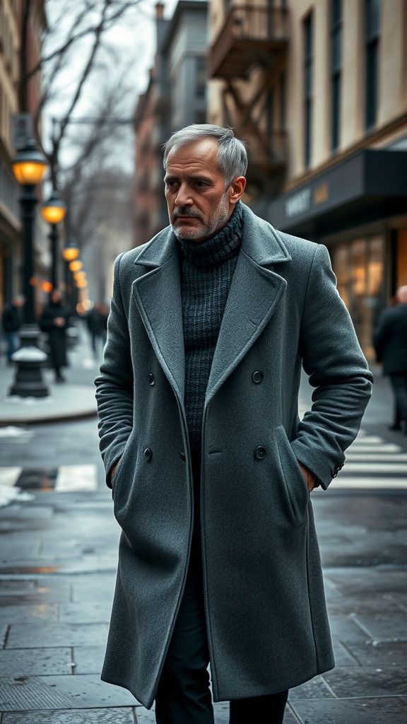 A man walking in a city wearing a grey turtleneck and a grey overcoat.