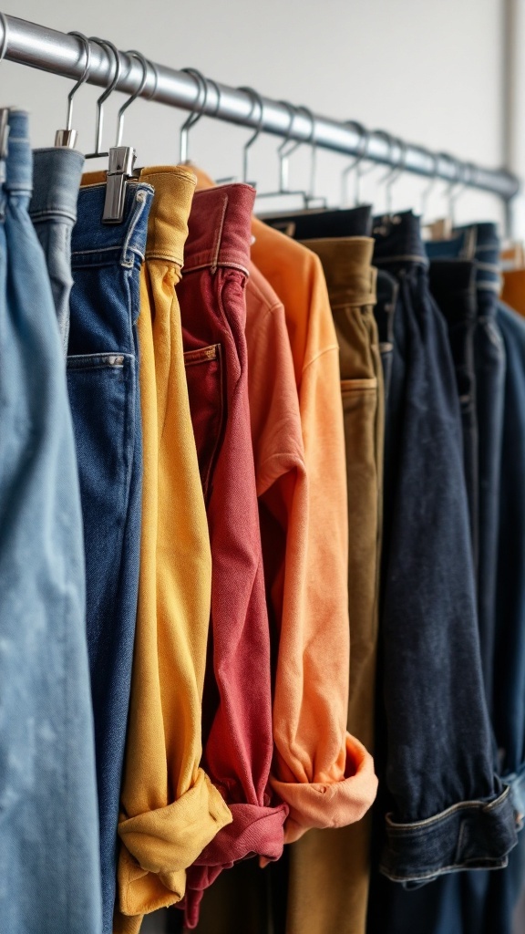 Variety of jeans and colored shirts hanging on a rack