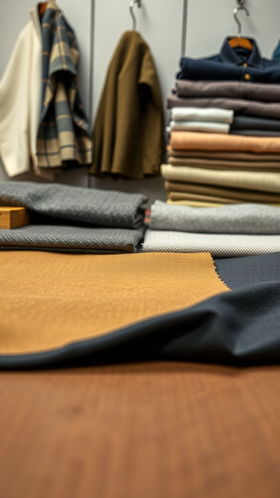 A display of various fabric swatches and garments, showcasing different textures and colors.