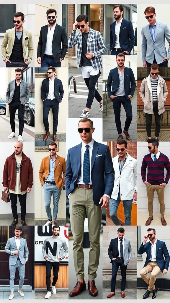 A collage of men dressed in various styles showcasing modern fashion trends.