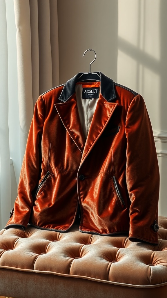 A deep purple velvet jacket displayed on a red tufted surface, emphasizing its luxurious texture.