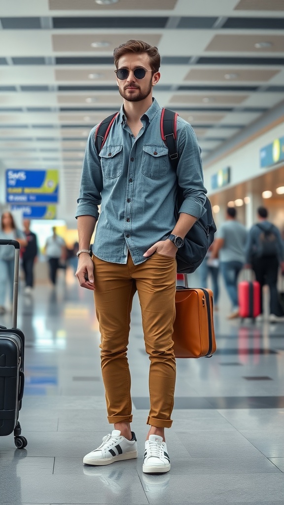 A stylish man at the airport wearing a denim shirt, mustard pants, white sneakers, and sunglasses, ready for travel.