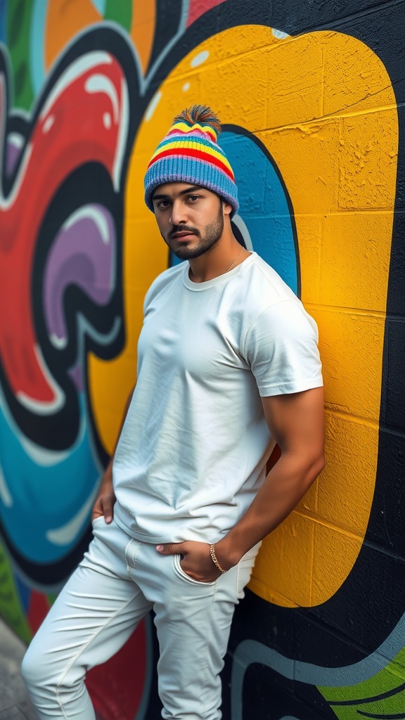 Man wearing a colorful beanie with a white tee and white jeans against a graffiti wall.